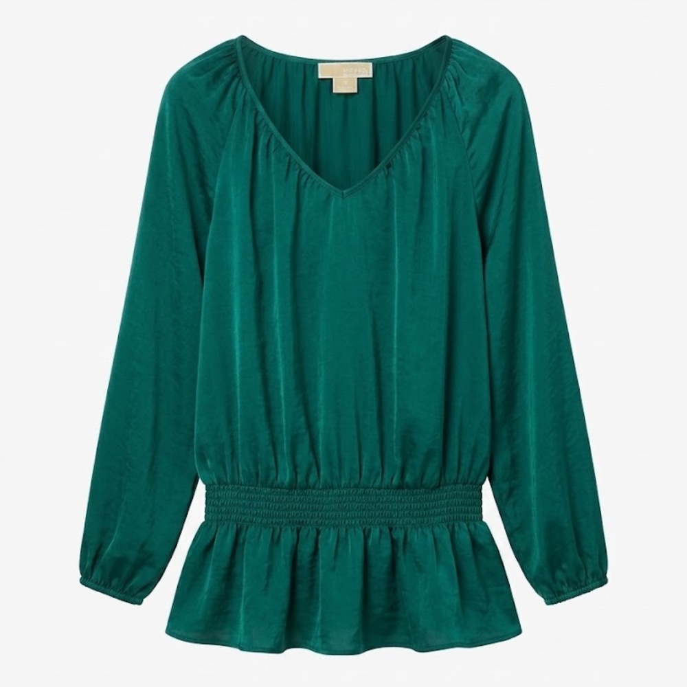 Michael Kors Emerald Green Long Sleeve V-Neck Peplum Blouse Size 1X Plus Top EUC